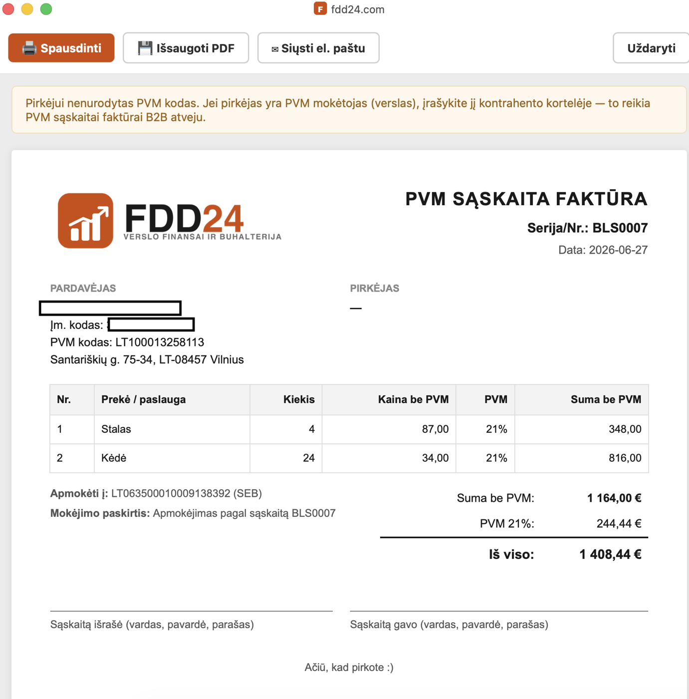 Sąskaitos faktūros išrašymas