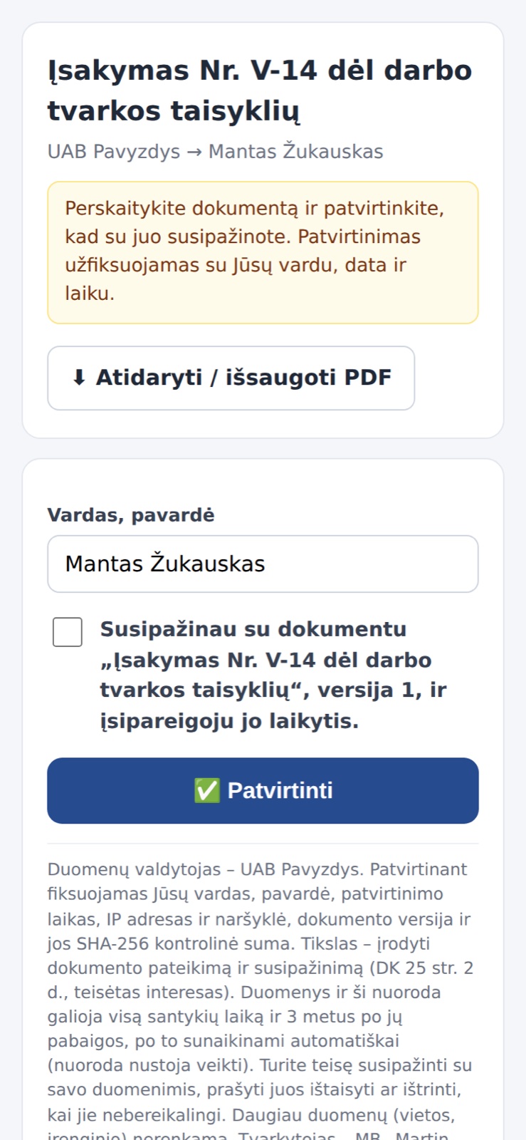 Gavėjo telefonas: peržiūri ir patvirtina „Susipažinau“ – be registracijos