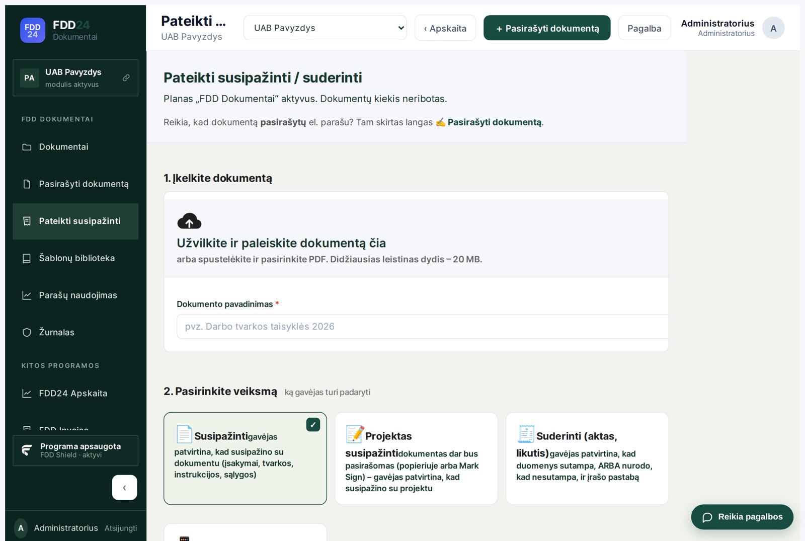 Pateikti susipažinti: įkeliate PDF ir pasirenkate veiksmą gavėjui