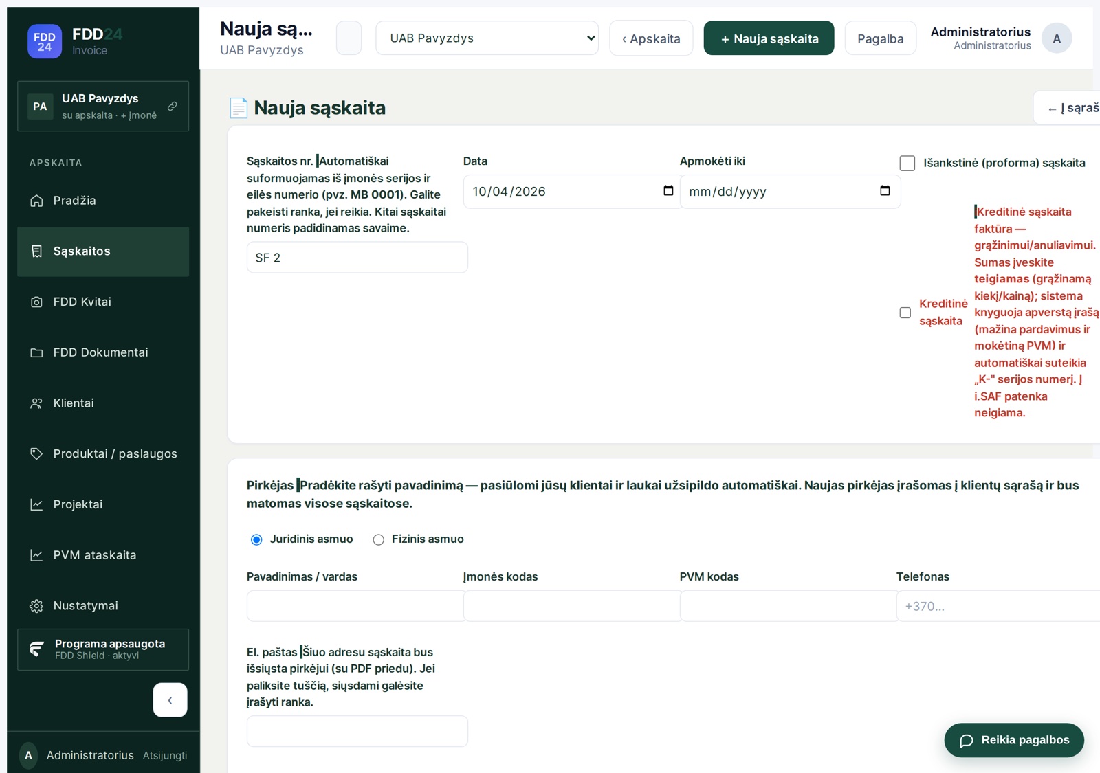 Naujos sąskaitos forma – pirkėjas pasiūlomas iš klientų sąrašo, laukai užsipildo