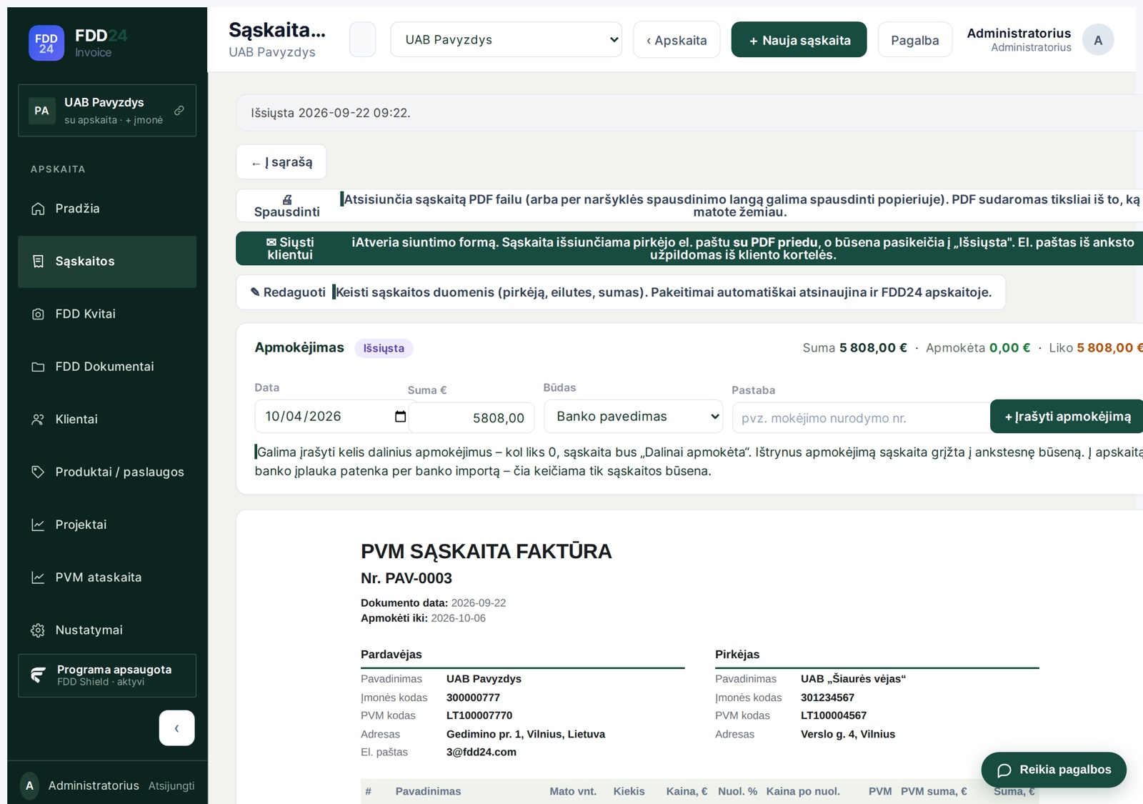 Sąskaita PAV-0003: siuntimas pirkėjui, apmokėjimo įrašymas, PDF